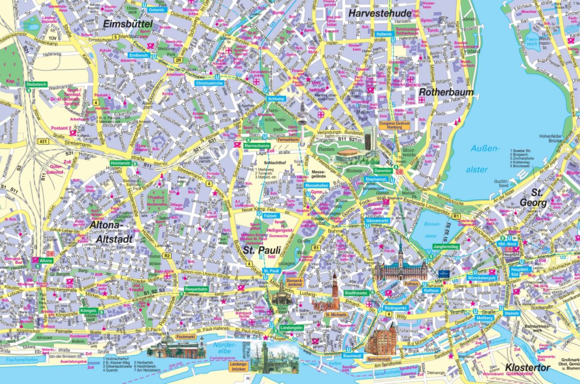 Free Hamburg city map with sights to download